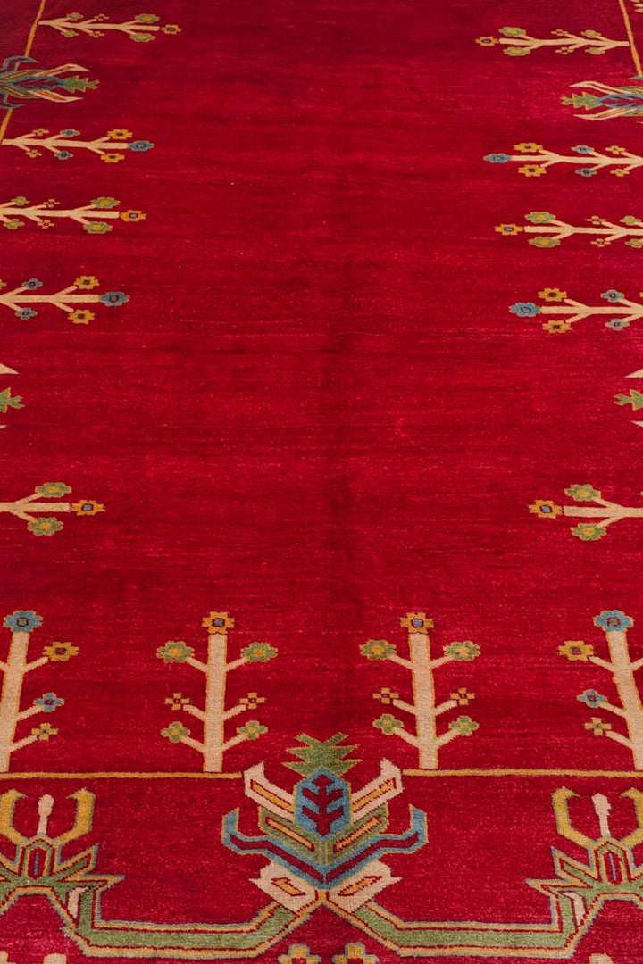 Deep Red and Cream Flowering Tree, Hand-Knotted Wool Rug