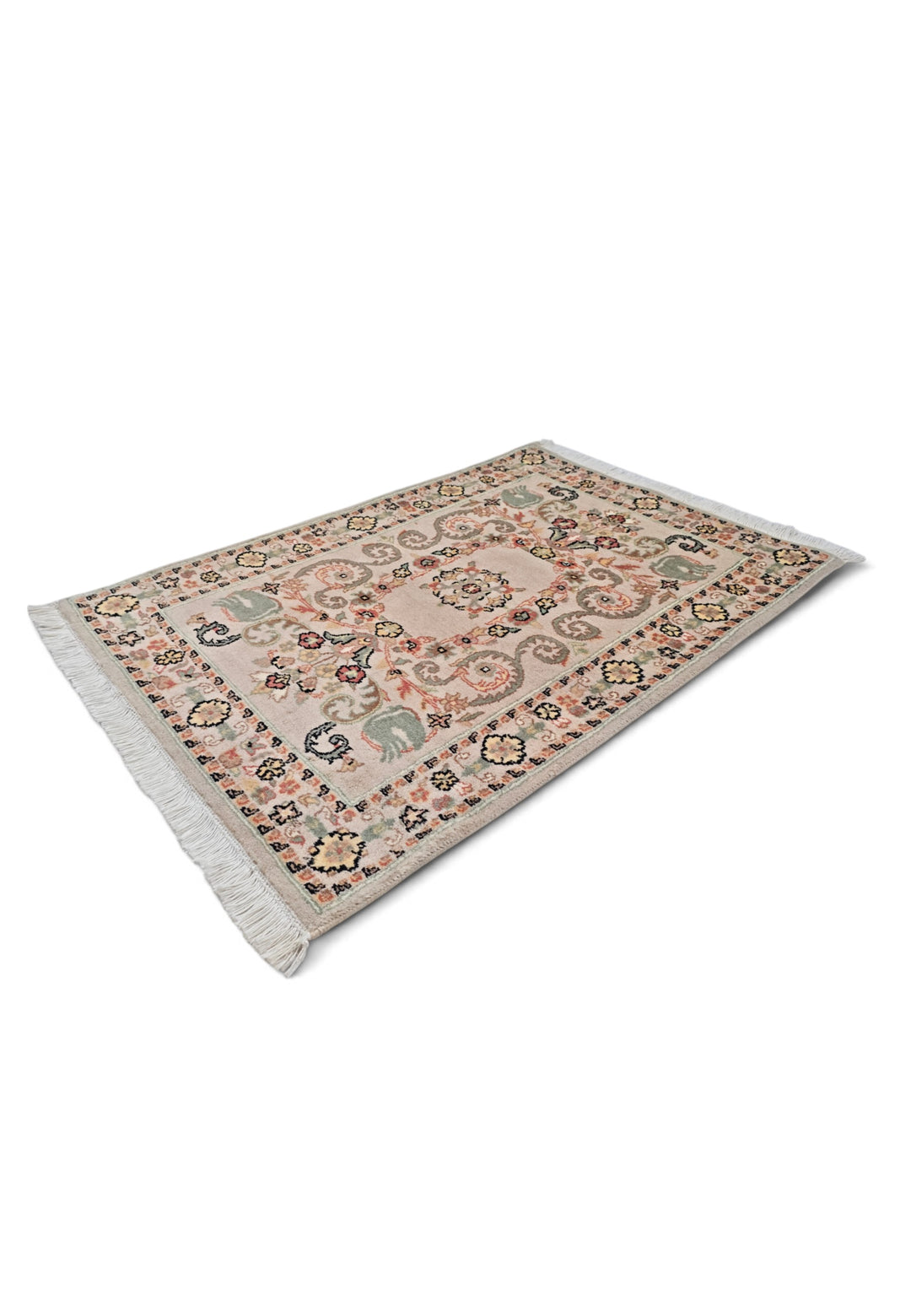 Blush and Sage Scrolling Leaf Medallion, Hand-Knotted Wool Rug