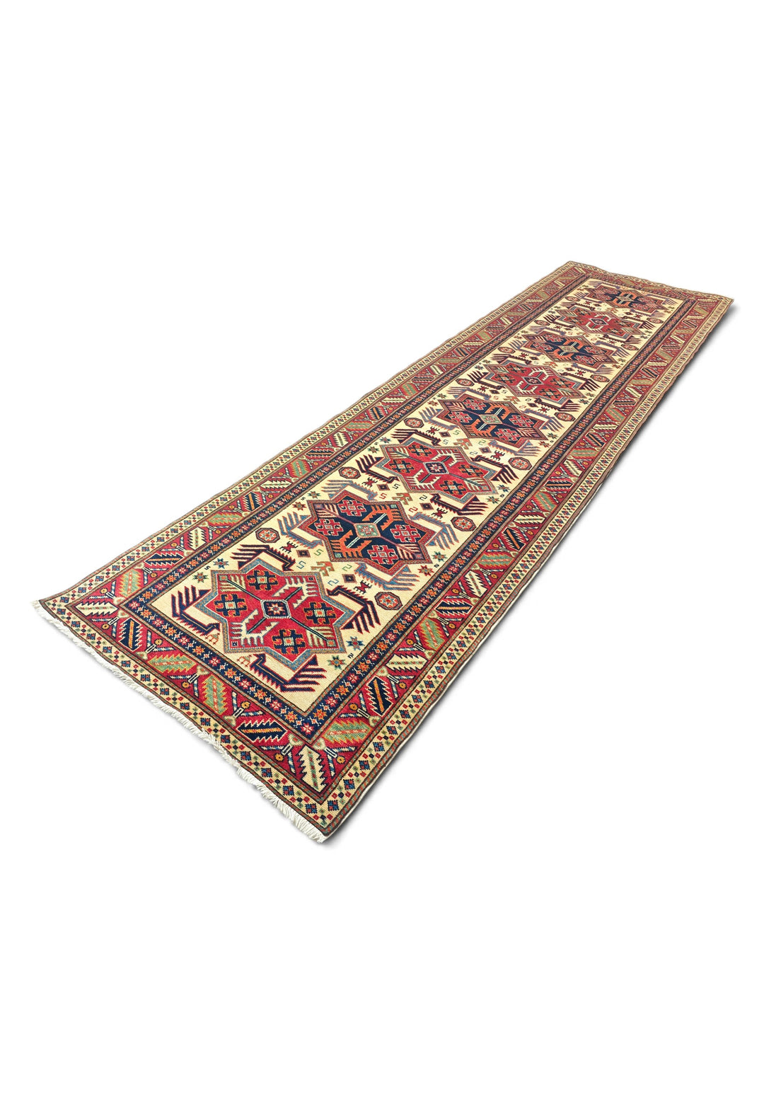 Ivory and Red Hooked Star Medallion Rug, Hand-Knotted Sherwan