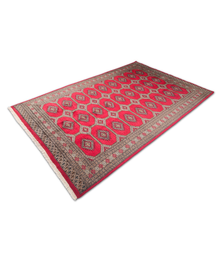 Bright Red and Sand Jaldar Lattice Gül, Hand-Knotted Wool Rug