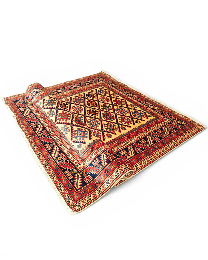Gold &amp; Red Shirvan Lattice Rug, Hand-Knotted Afghani Sherwan