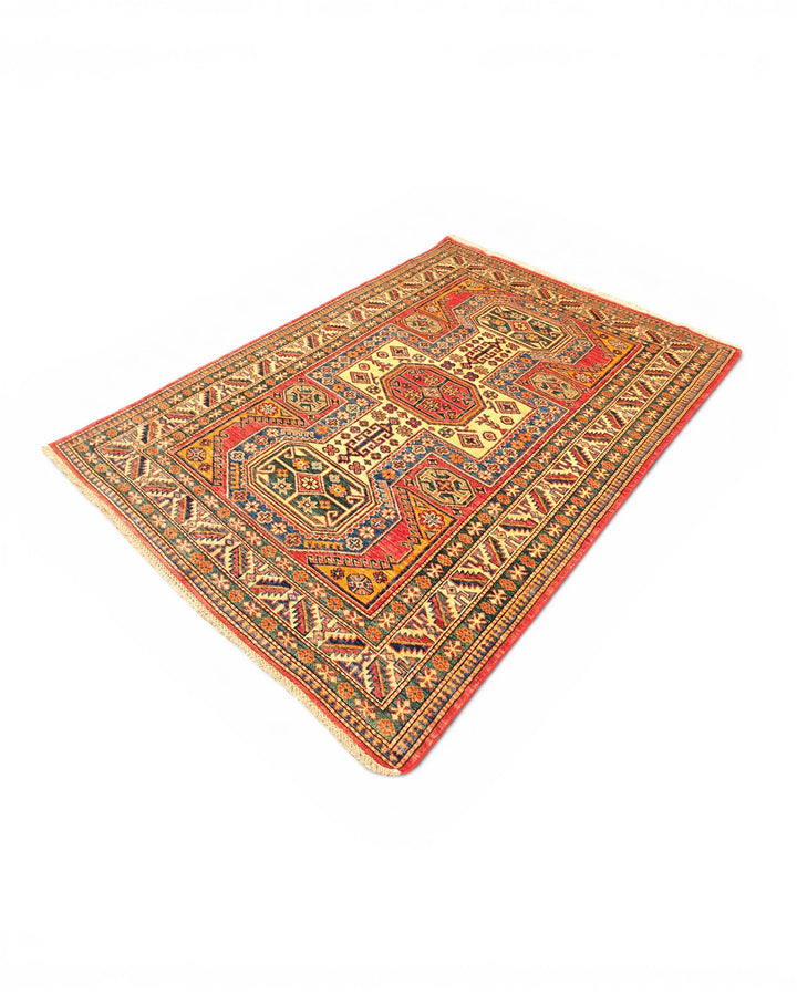 Red &amp; Gold Octagon Kazak Rug, Hand-Knotted Afghan Wool