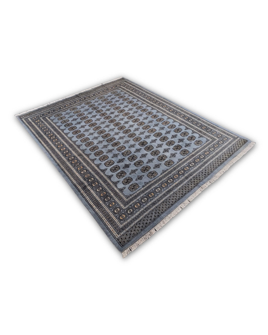 Slate Grey Turkmen Gül Bokhara Rug, Hand-Knotted Pakistani Wool