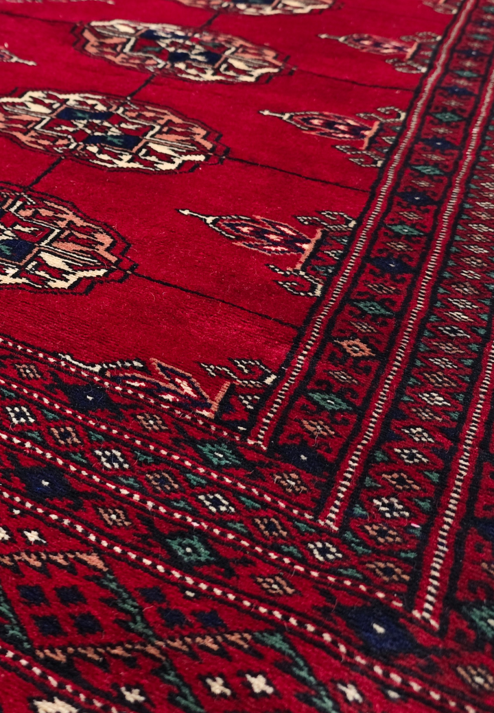 Madder Red and Ivory Turkmen Gül Bokhara, Hand-Knotted Wool Rug