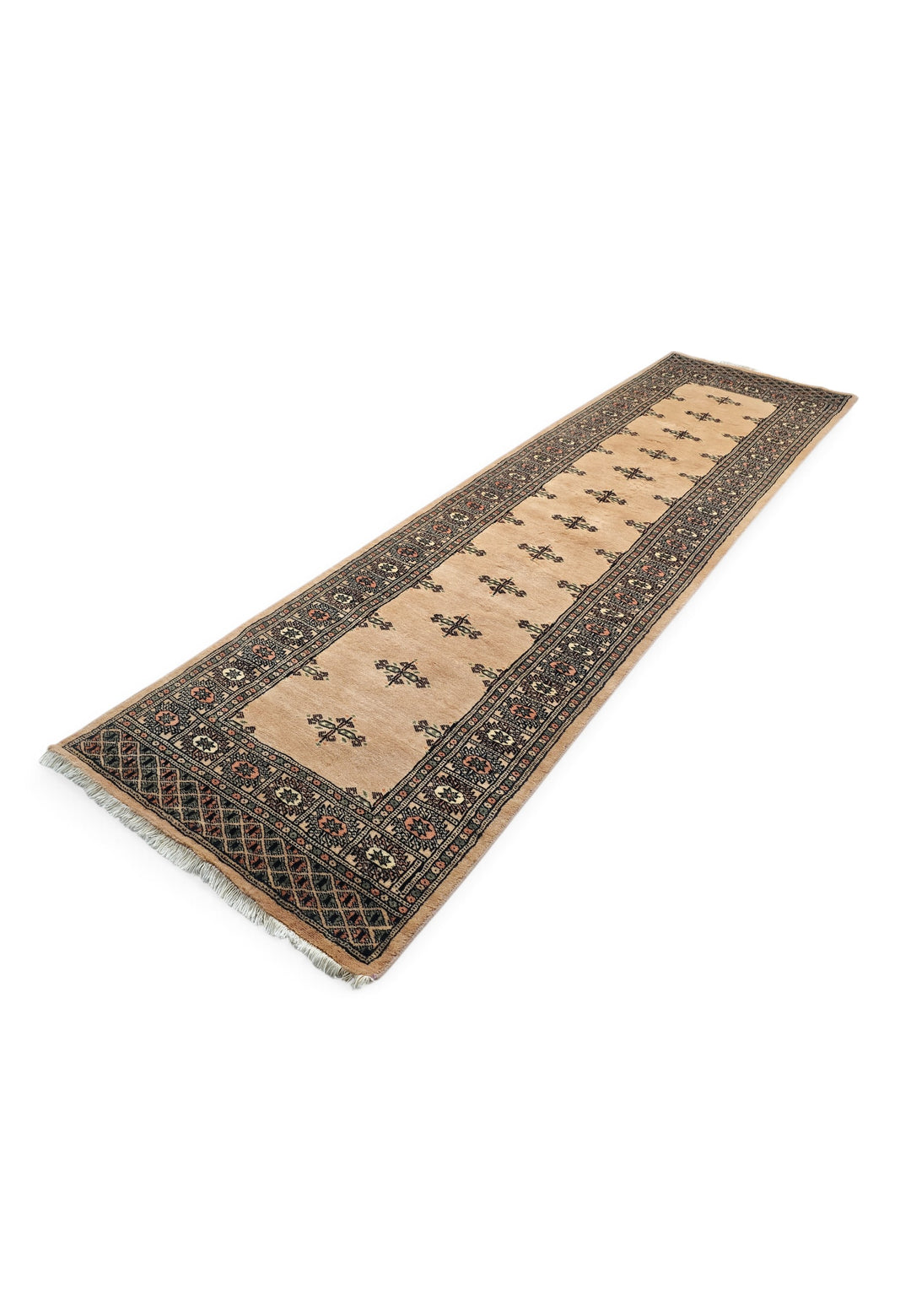 Camel and Espresso Open Field Bokhara, Hand-Knotted Wool Rug