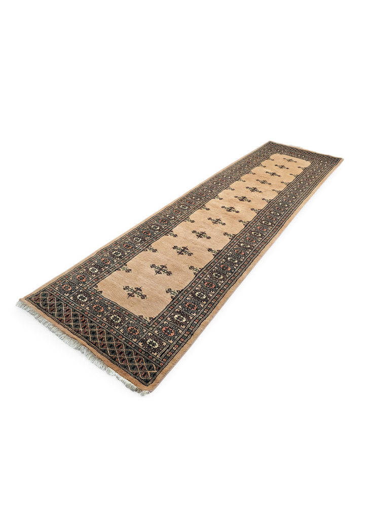 Camel and Espresso Open Field Bokhara, Hand-Knotted Wool Rug