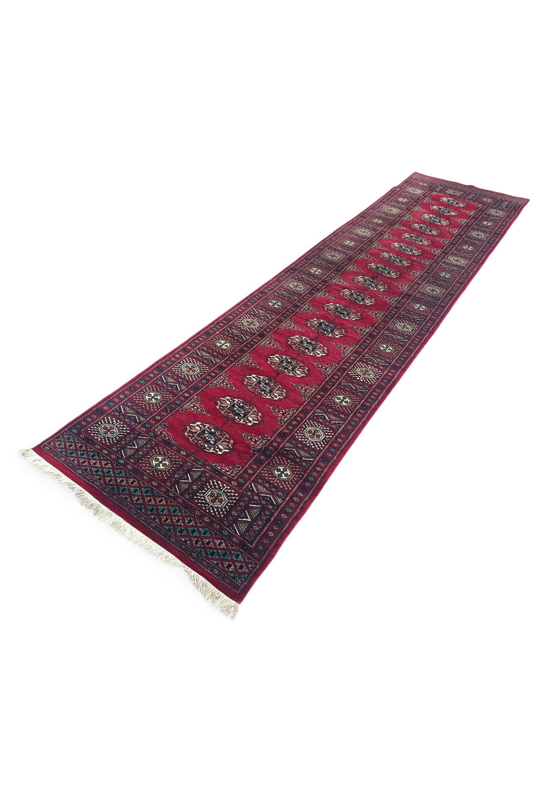 Wine Red and Cream Single Column Gül Bokhara, Hand-Knotted Wool Rug