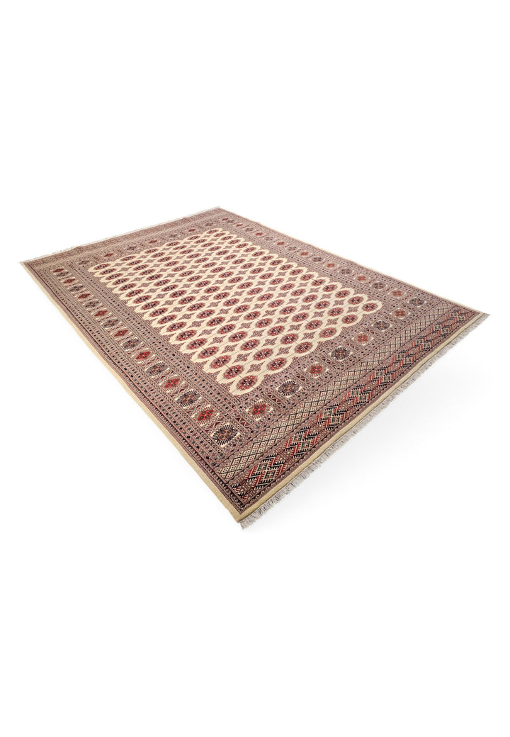Ivory and Rust Turkmen Gül Bokhara, Hand-Knotted Wool Rug