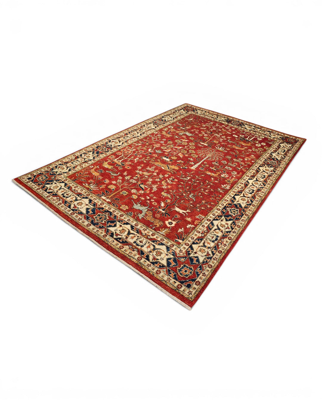 Red Shikargah Hunting Ghazni, Hand-Knotted Afghan Wool Rug