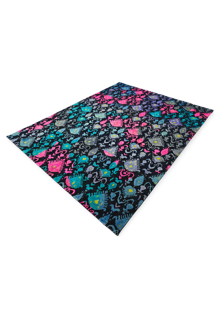 Indigo and Magenta Ikat Ghazni, Hand-Knotted Wool Rug