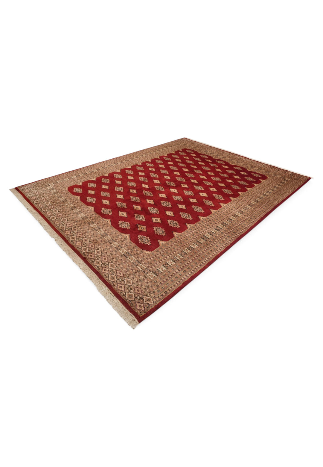 Oxblood and Tan Jaldar Alternating Diamond, Hand-Knotted Wool and Silk Rug