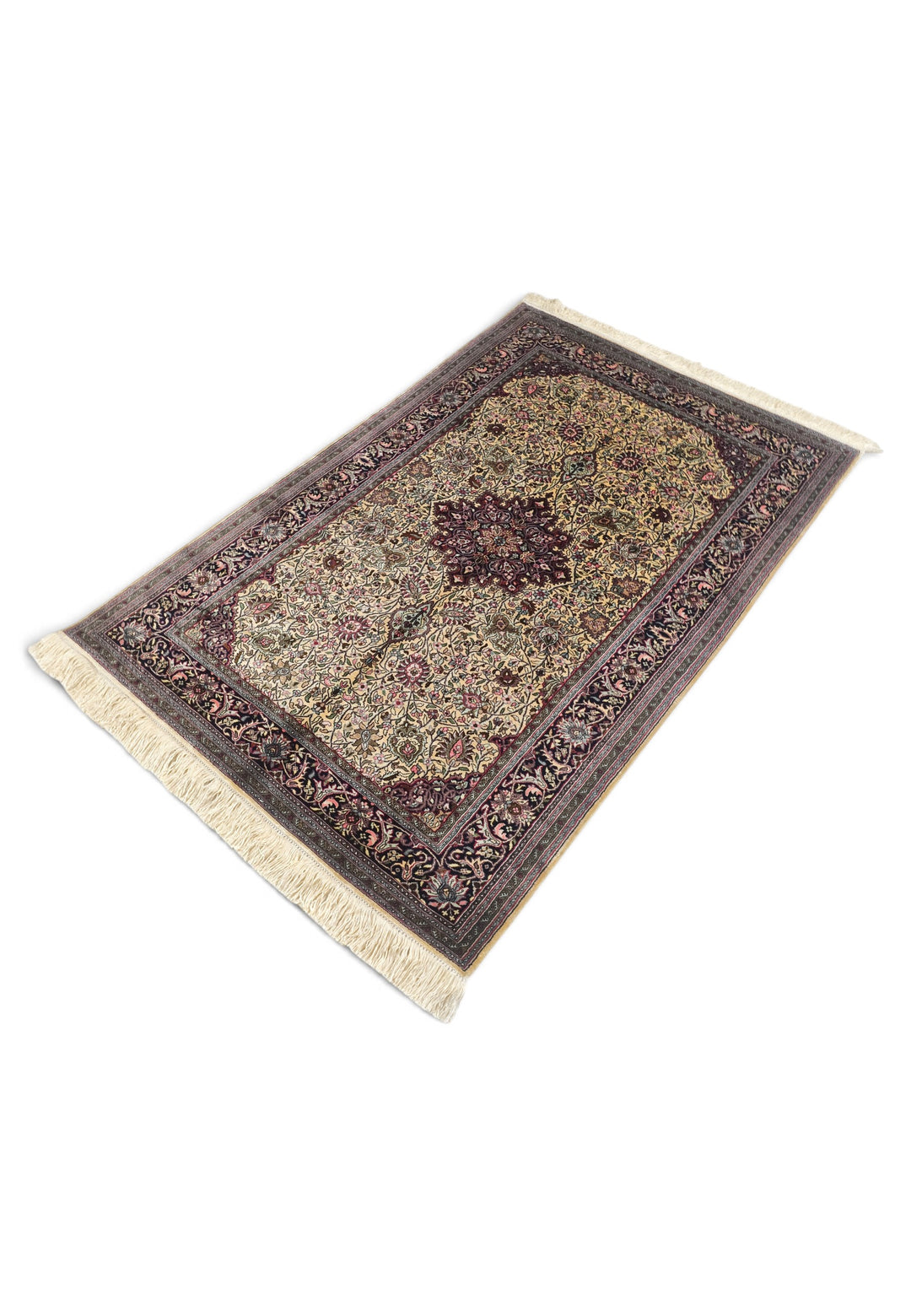 Gold and Deep Plum Shah Abbasi Medallion, Hand-Knotted Silk Rug