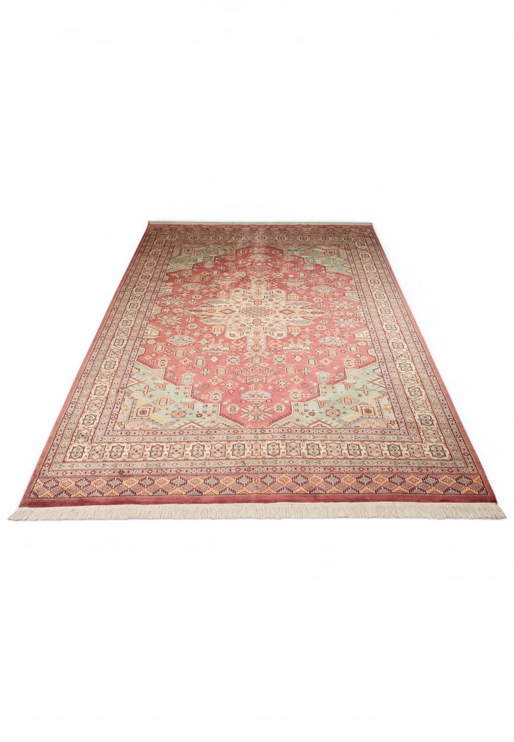 Rust Red &amp; Green Tribal Medallion Single Knot Wool and Silk Rug