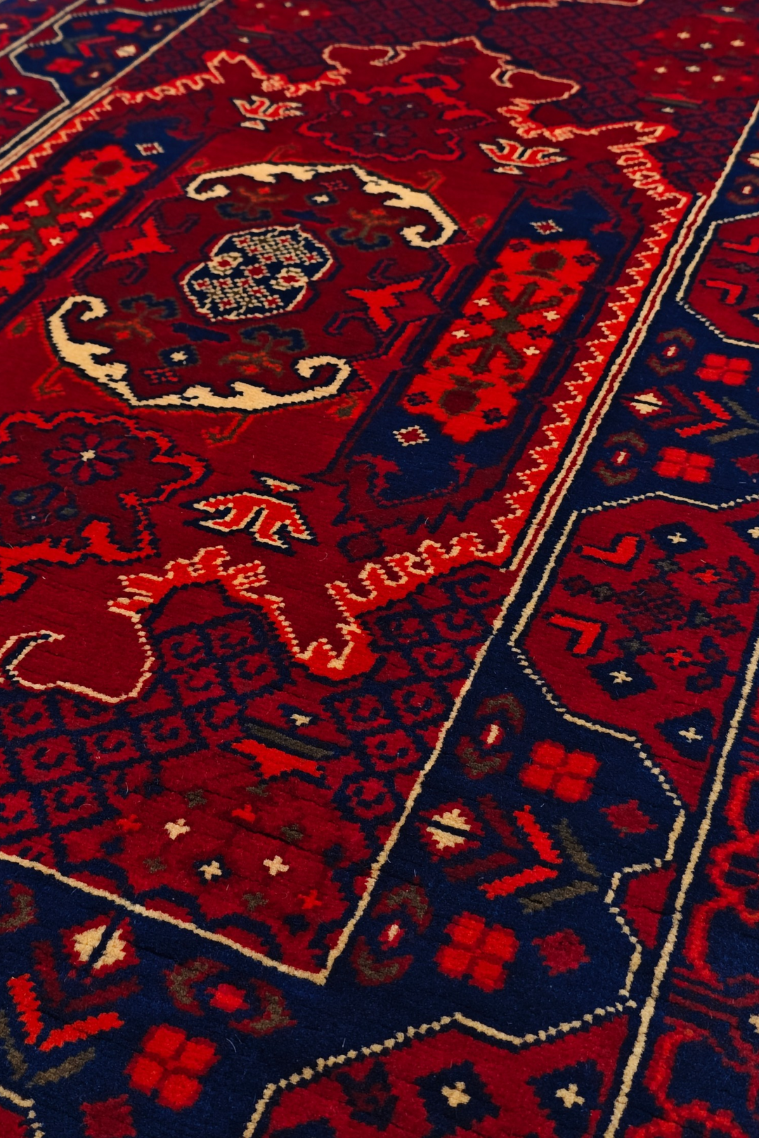 Deep Madder and Navy Khan Muhammadi Rug, Hand-Knotted Wool