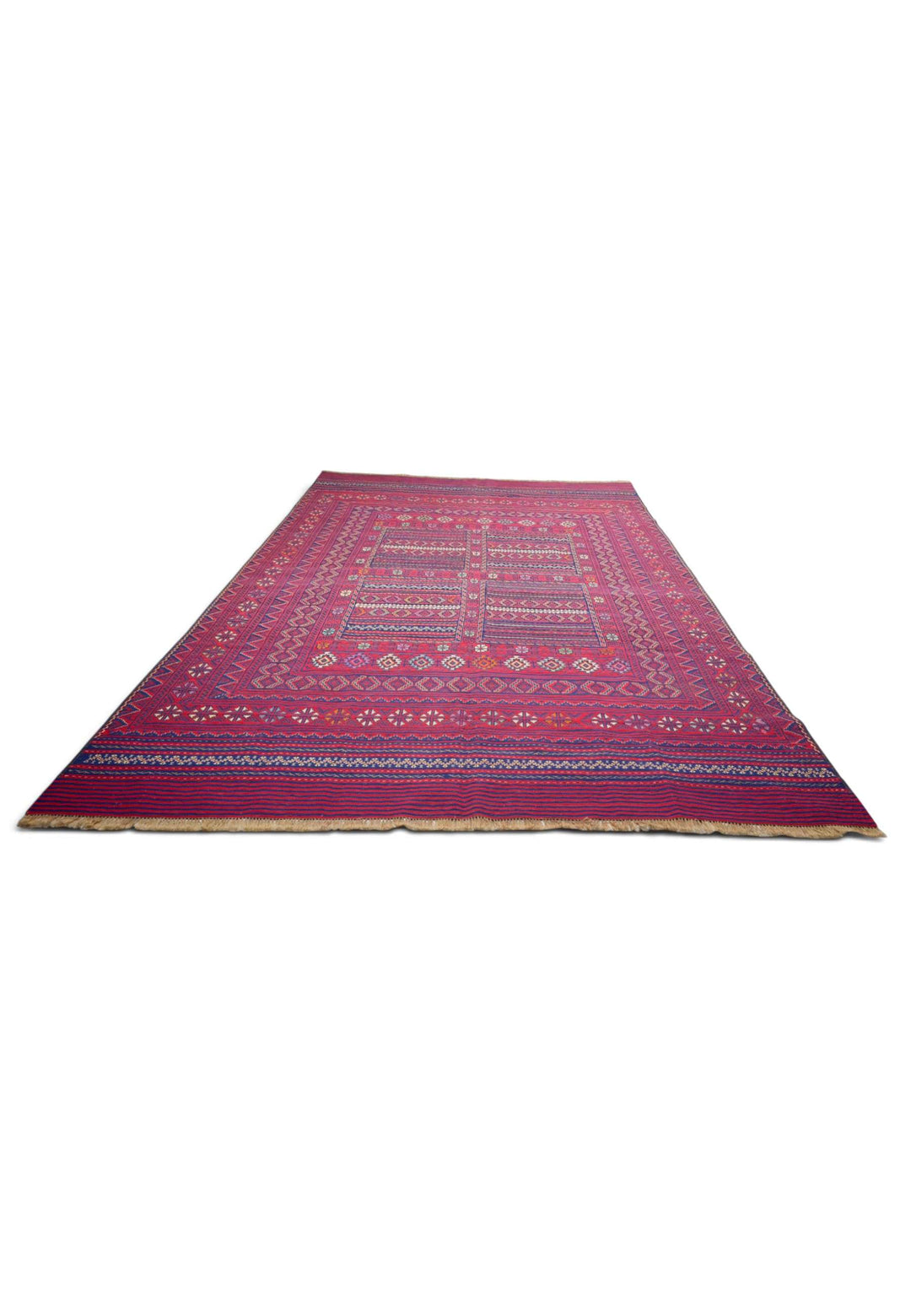 Rose Red and Navy Four-Panel Kilim, Hand-Woven Wool