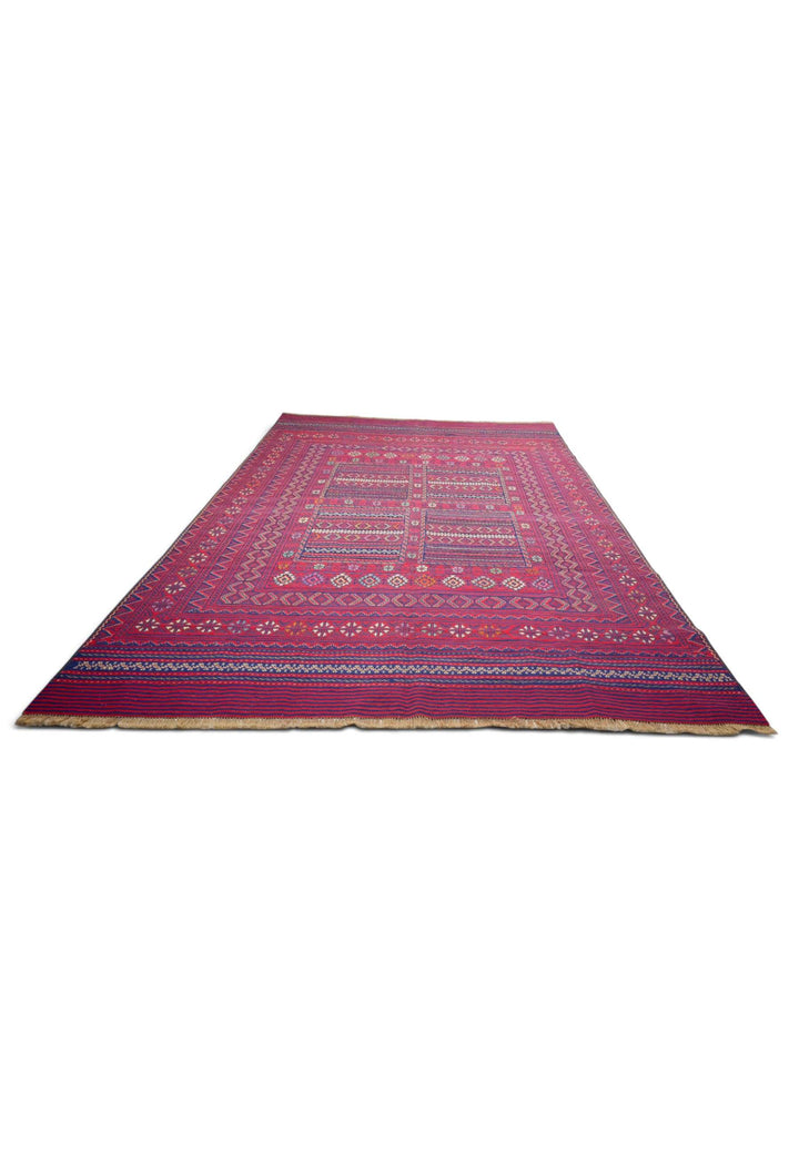 Rose Red and Navy Four-Panel Kilim, Hand-Woven Wool