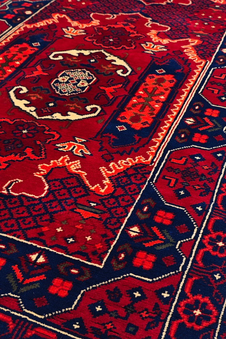 Crimson and Navy Khan Muhammadi Rug, Hand-Knotted Wool