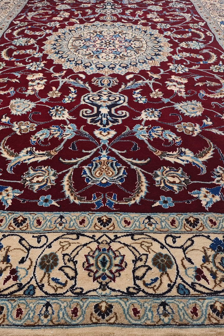Wine-Red Medallion Persian Nain, Hand-Knotted Wool Rug