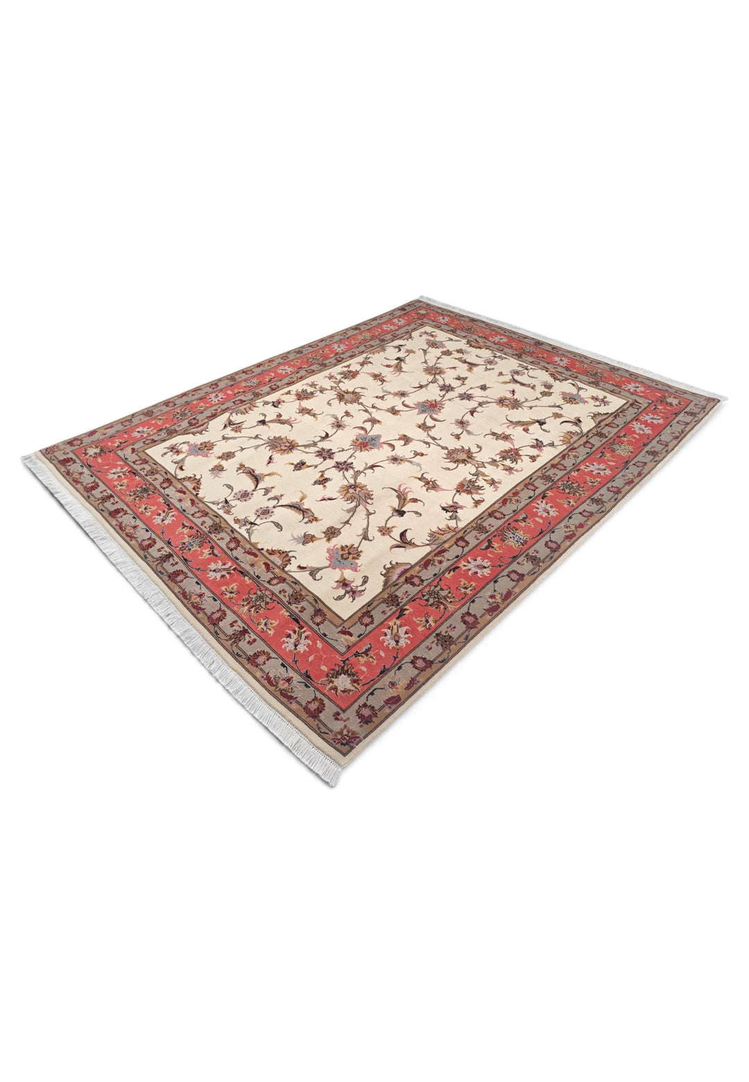 Ivory and Coral Serrated Leaf Tabriz, Hand-Knotted Wool Rug