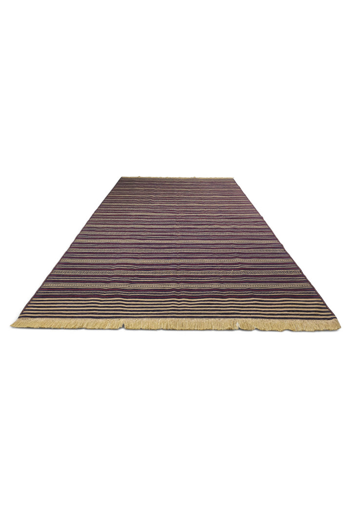 Aubergine and Wheat Striped Kilim, Hand-Woven Wool