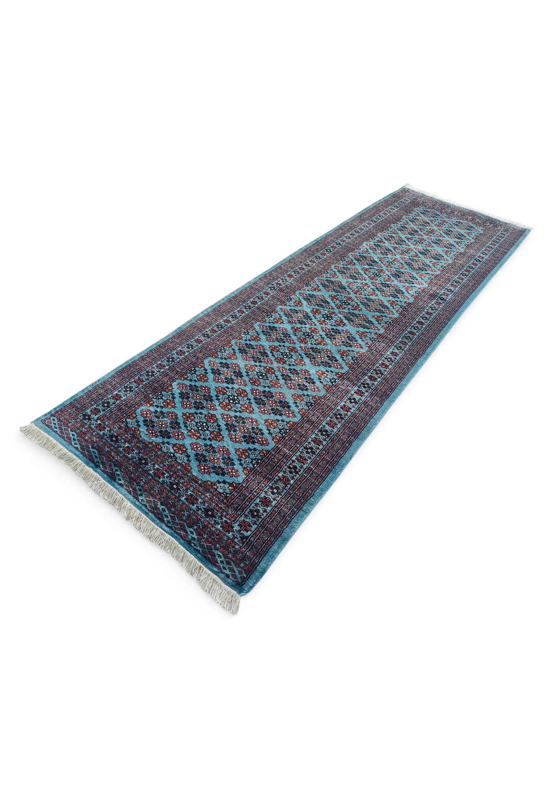Turquoise and Rose Polychrome Lattice Jaldar, Hand-Knotted Wool Rug