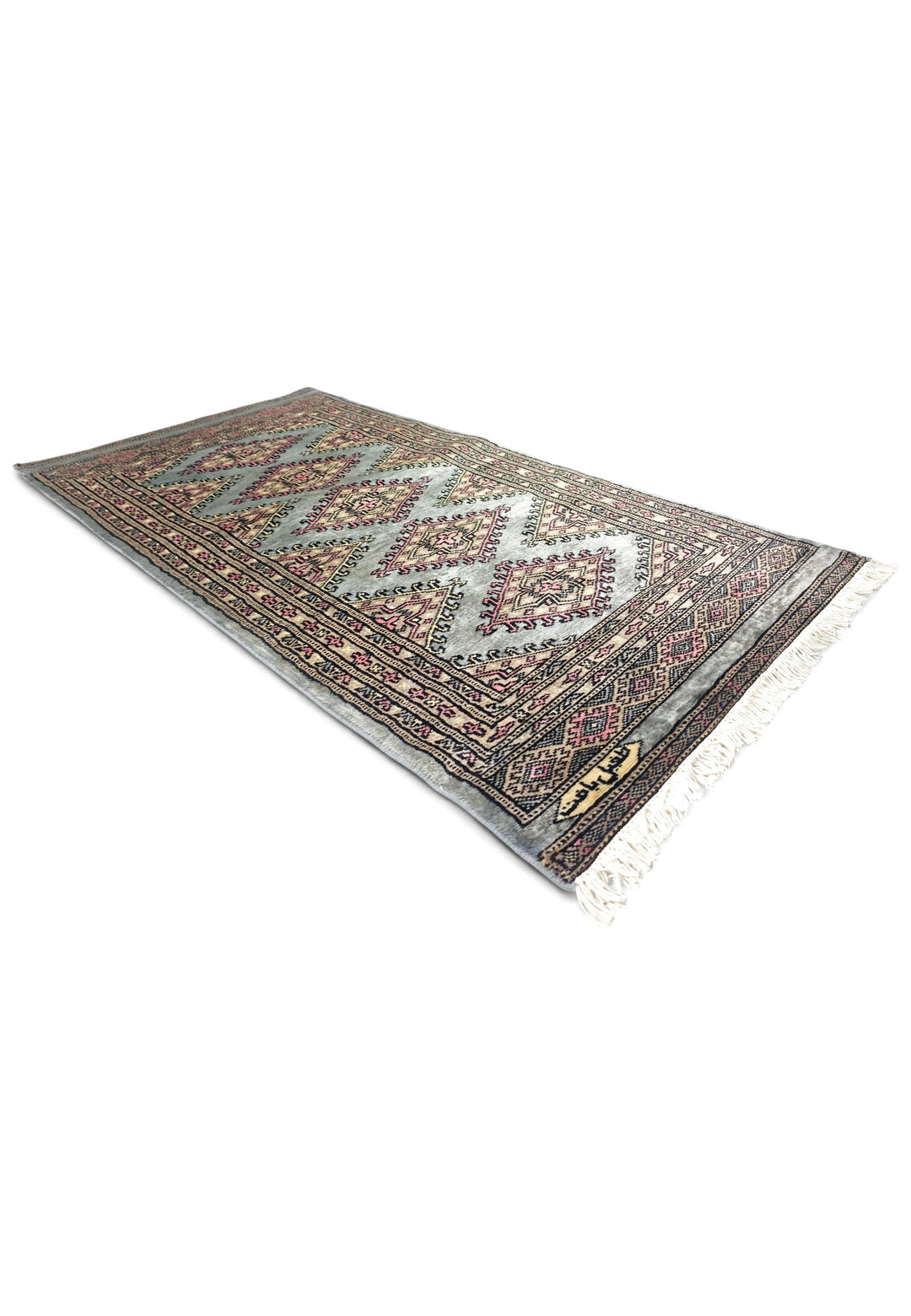 Grey-Green and Rose Jaldar Diamond Medallion, Hand-Knotted Wool Rug