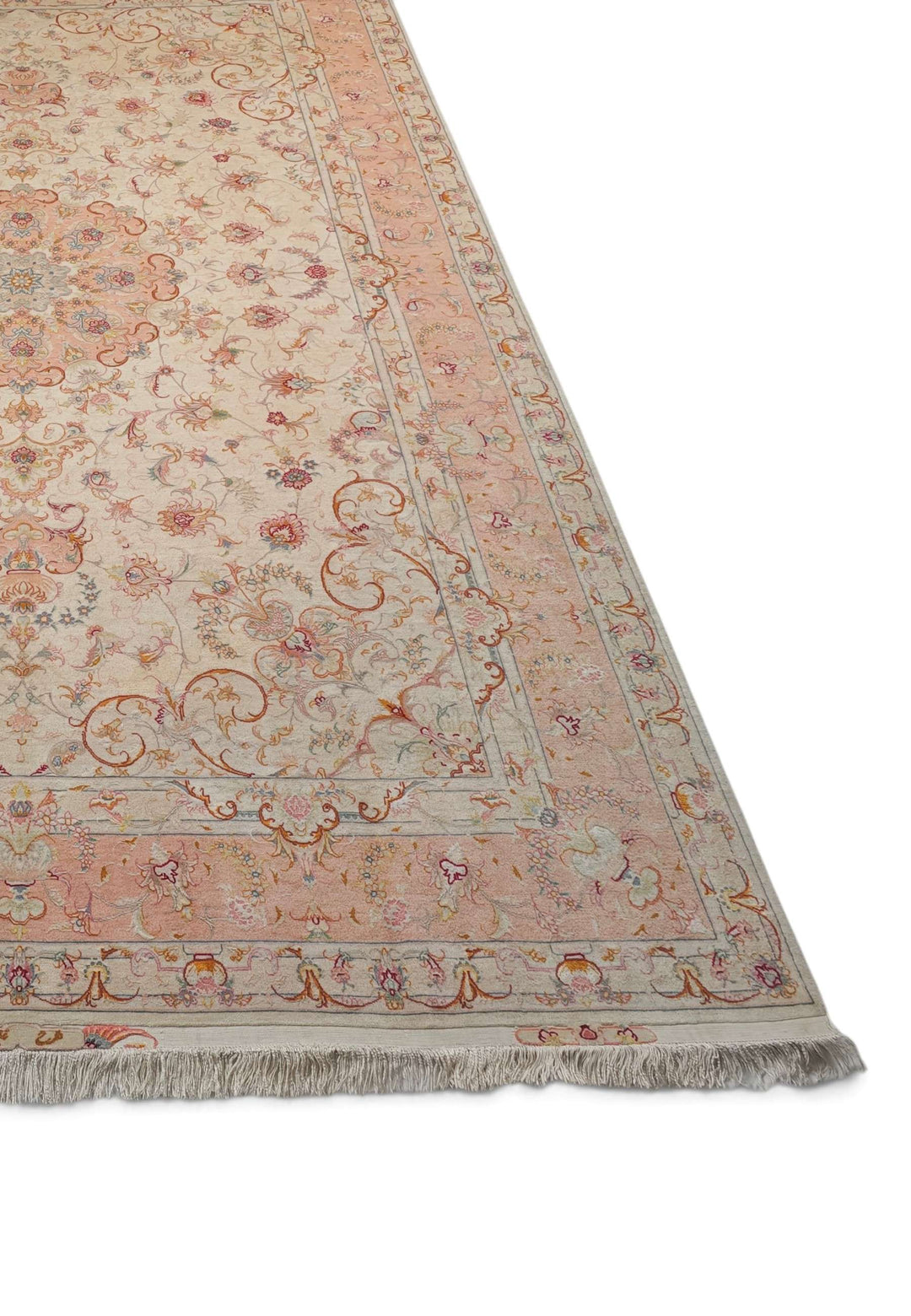 Ivory and Peach Scrolling Leaf Medallion Tabriz, Hand-Knotted Wool Rug