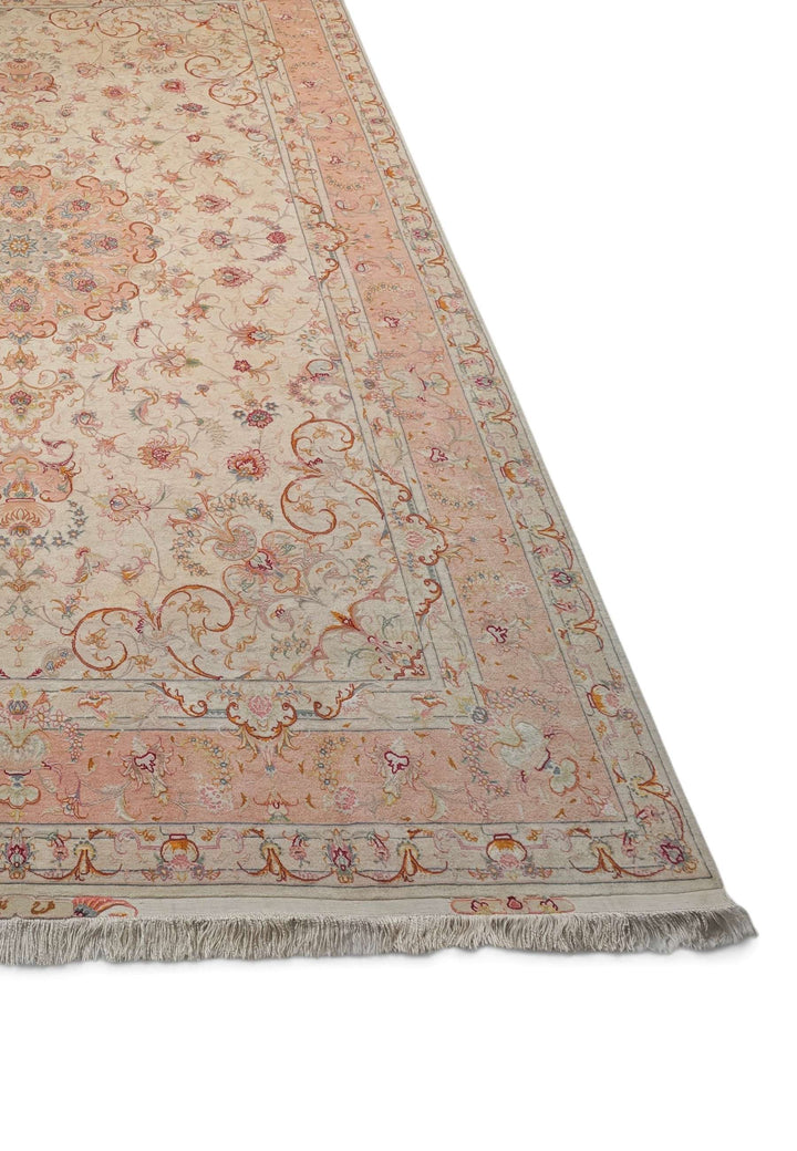 Ivory and Peach Scrolling Leaf Medallion Tabriz, Hand-Knotted Wool Rug