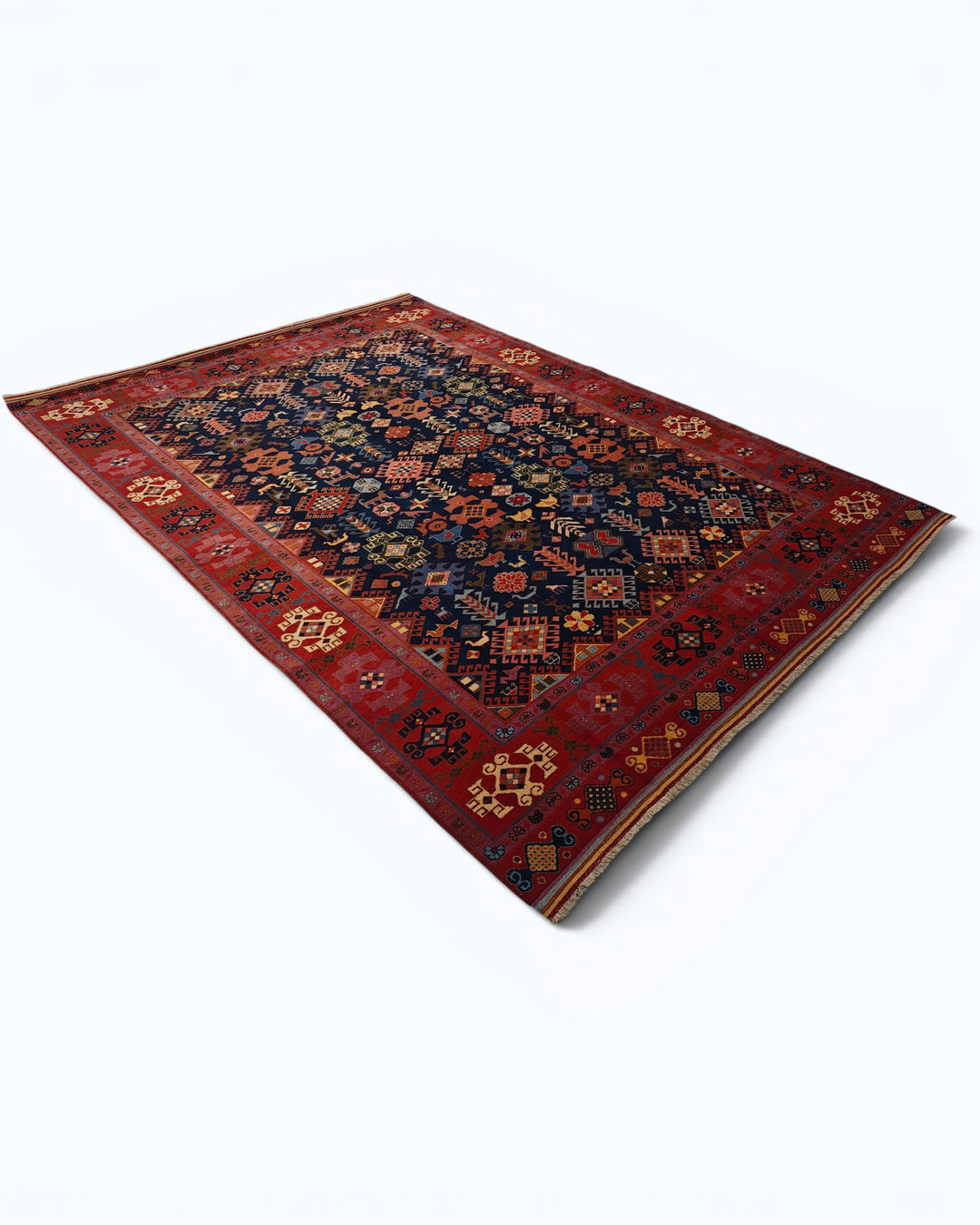 Navy &amp; Red Afshan Rug, Hand-Knotted Afghani Sherwan