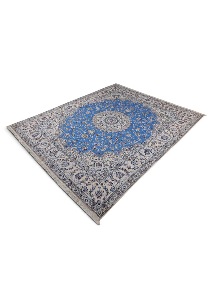 Blue and Ivory Gonbad Dome Nain, Hand-Knotted Wool Rug