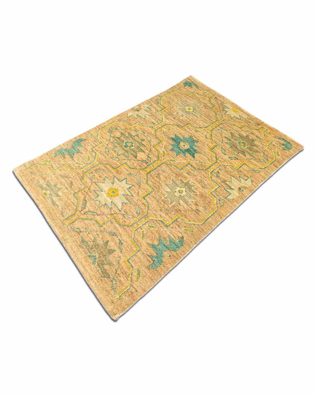 Gold &amp; Green Floral Gabbeh, Hand-Knotted Afghan Wool Rug
