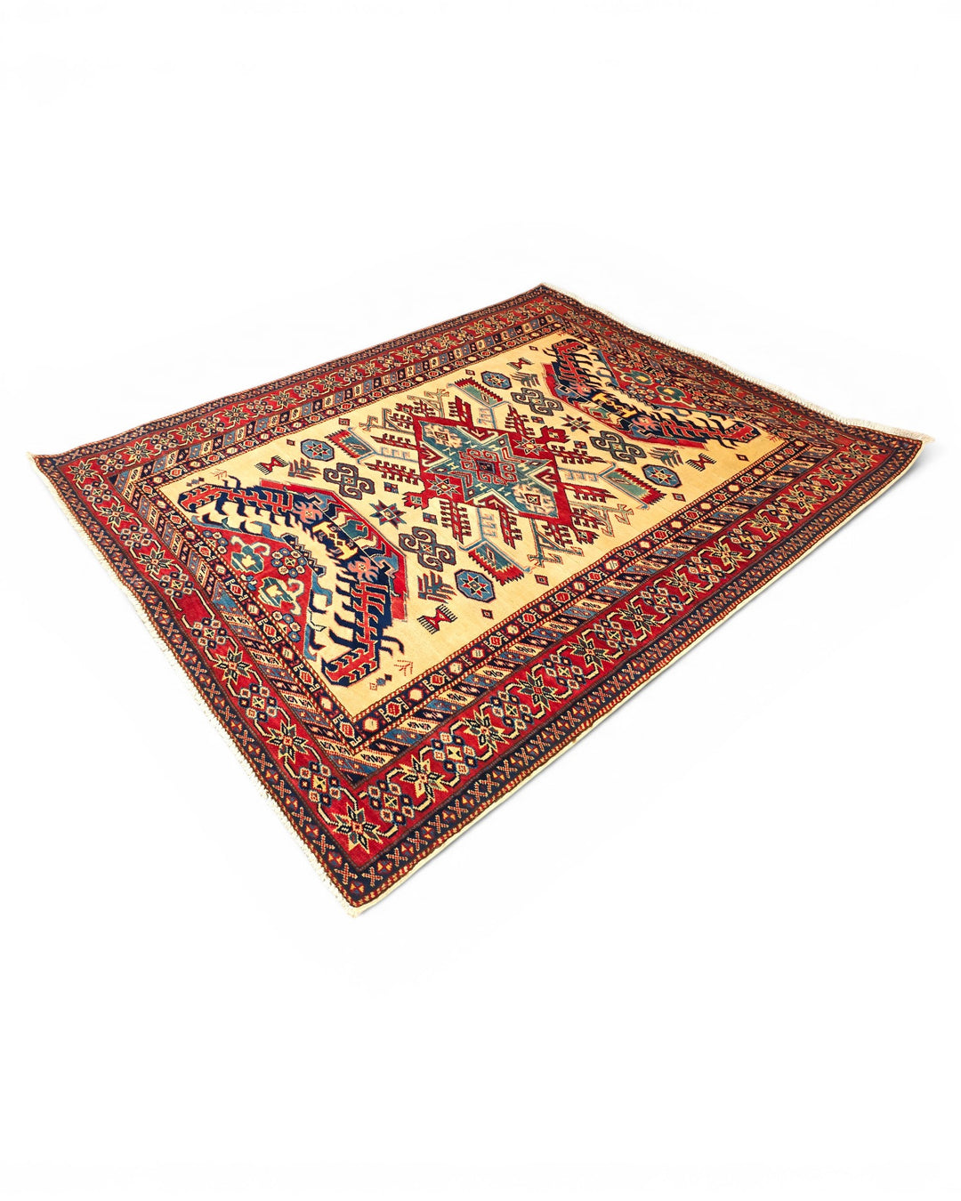 Ivory &amp; Red Sunburst Medallion Rug, Hand-Knotted Afghani Sherwan