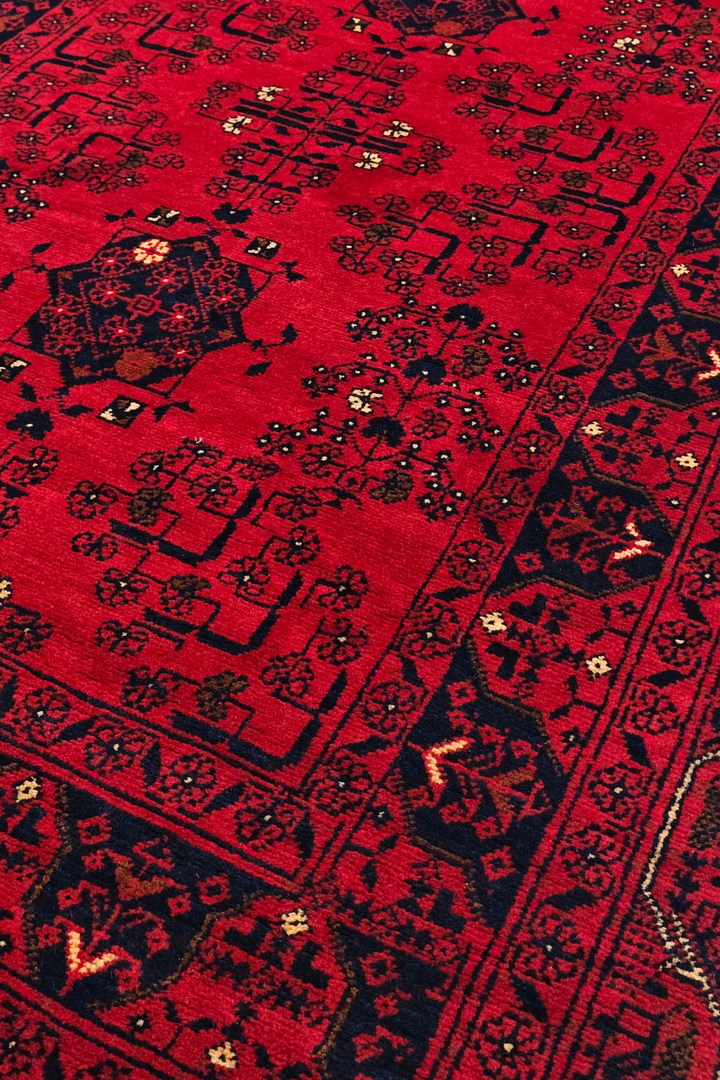 Bright Red and Navy Khan Muhammadi Runner, Hand-Knotted Wool