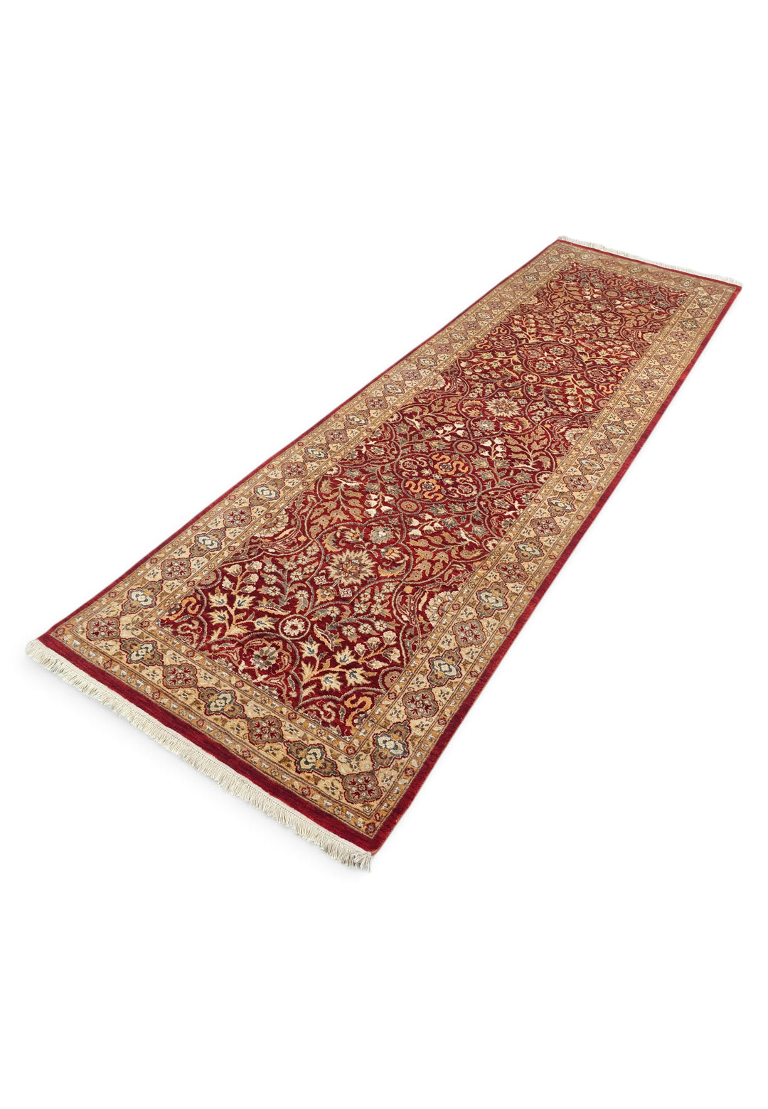 Deep Red and Cream Arabesque Lattice, Hand-Knotted Wool and Silk Rug