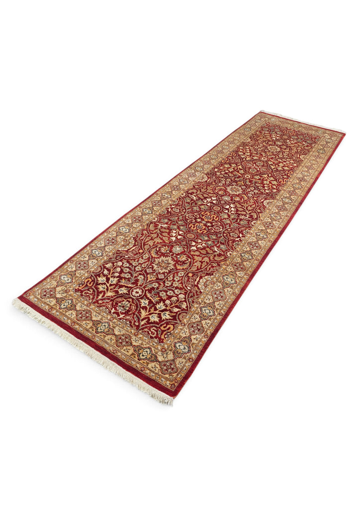 Deep Red and Cream Arabesque Lattice, Hand-Knotted Wool and Silk Rug