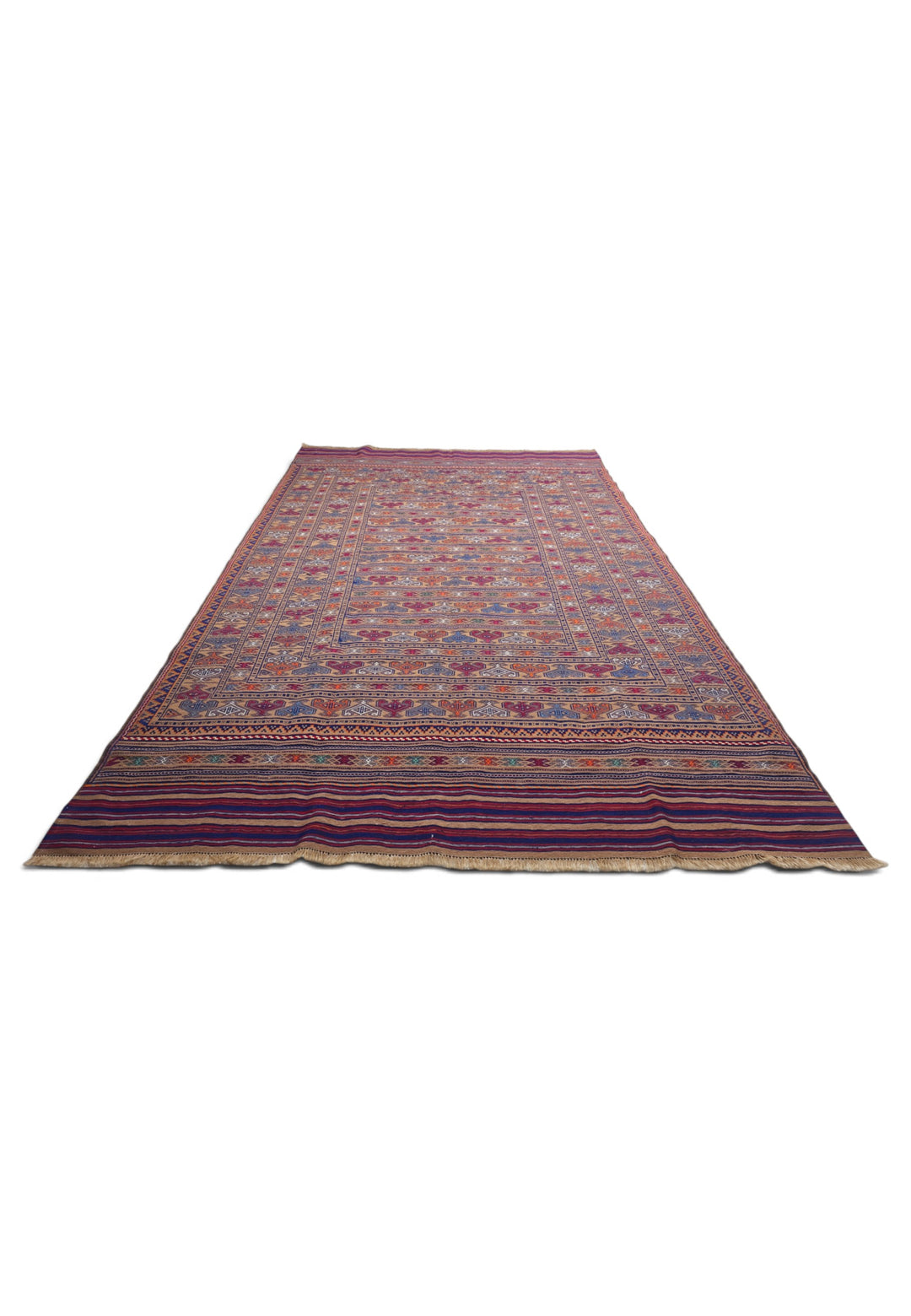 Camel and Burgundy Banded Kilim, Hand-Woven Wool