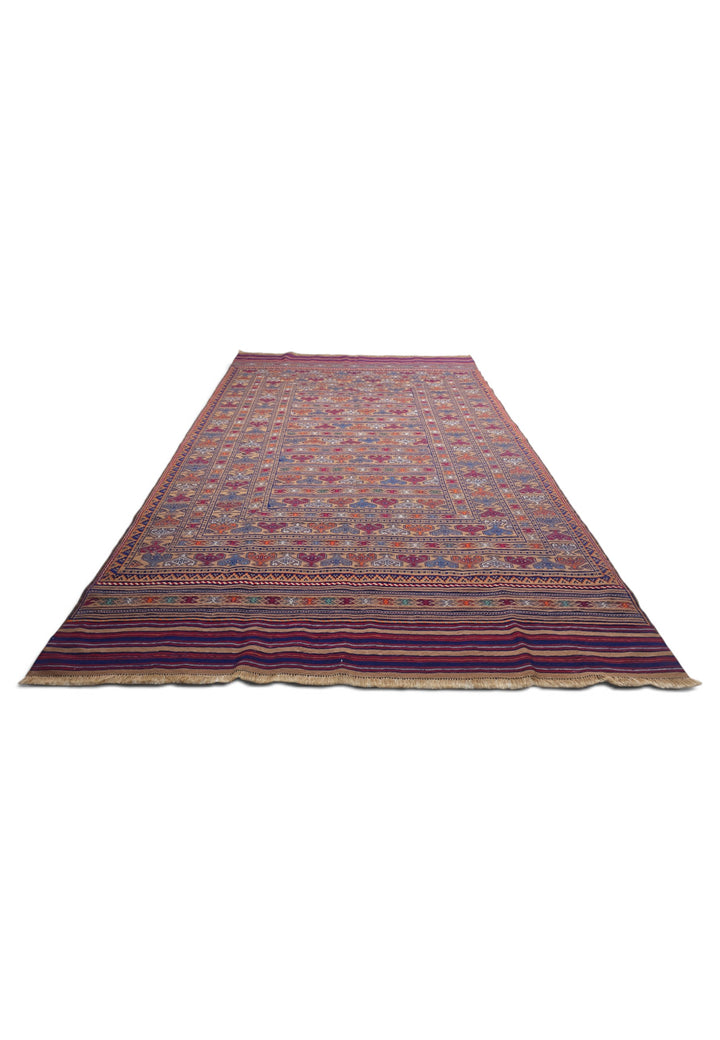 Camel and Burgundy Banded Kilim, Hand-Woven Wool