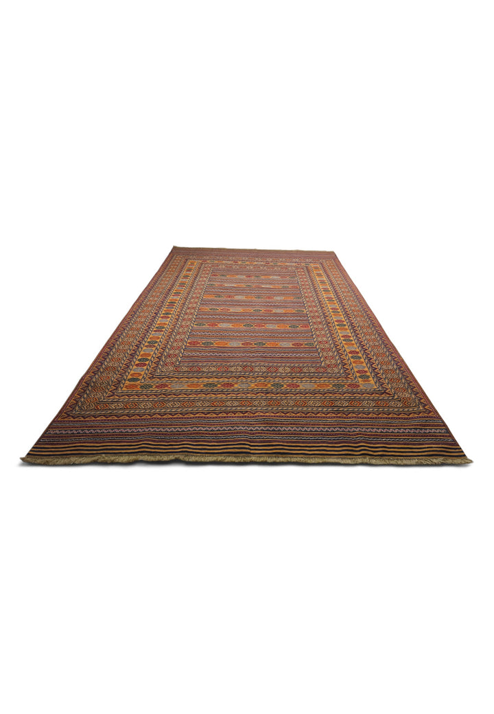 Saffron Gold and Plum Banded Kilim, Hand-Woven Wool