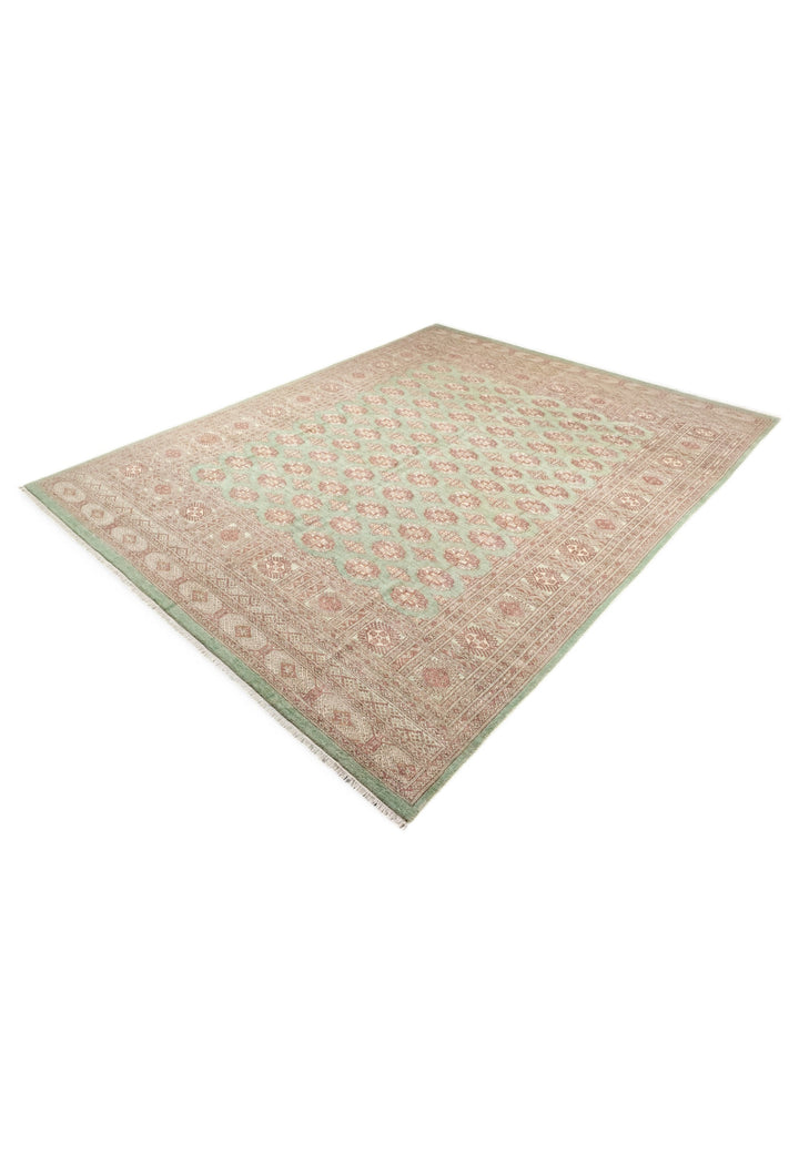 Sage and Rose Turkmen Gül Bokhara, Hand-Knotted Wool Rug