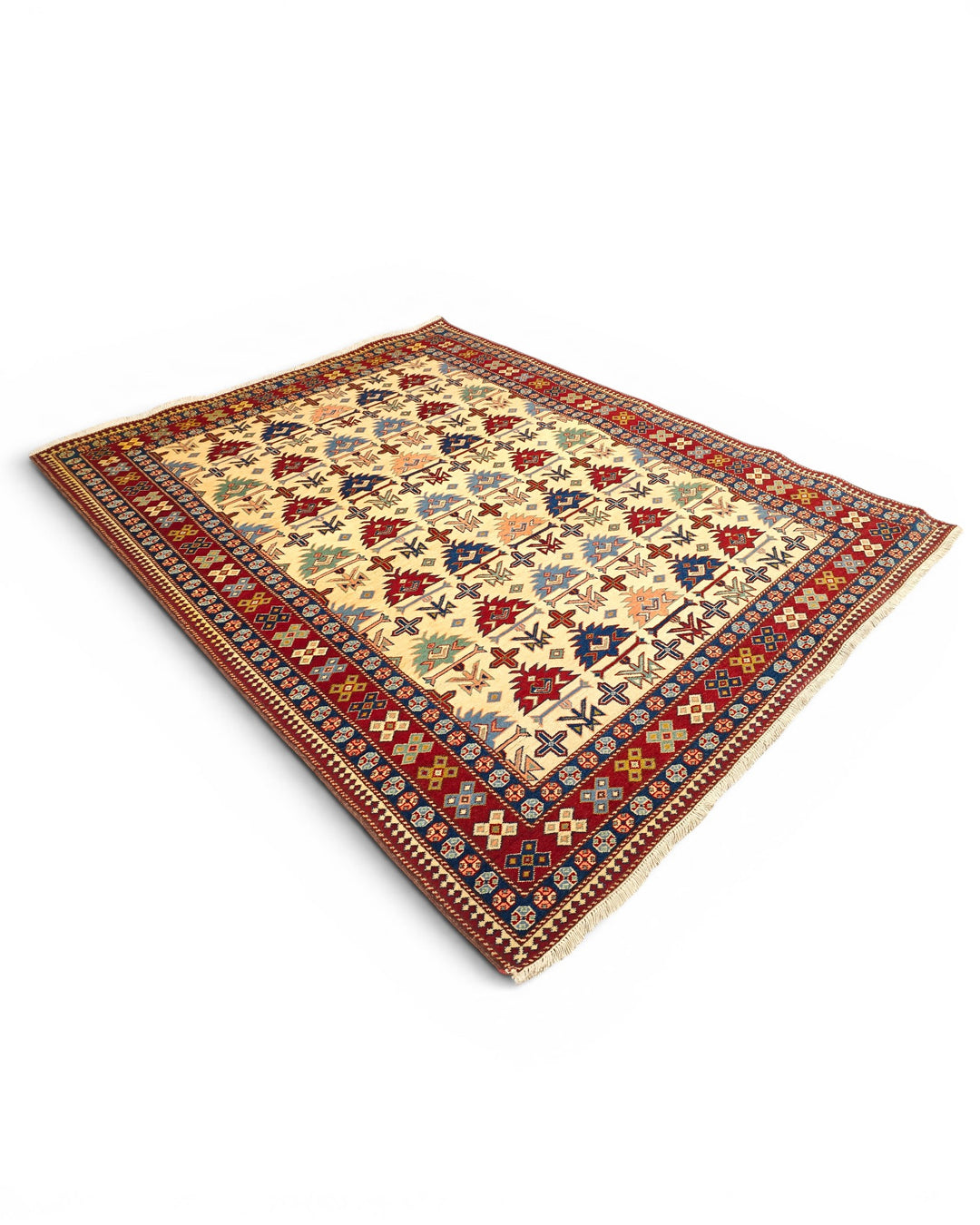 Ivory Caucasian Tribal Rug, Hand-Knotted Afghani Sherwan