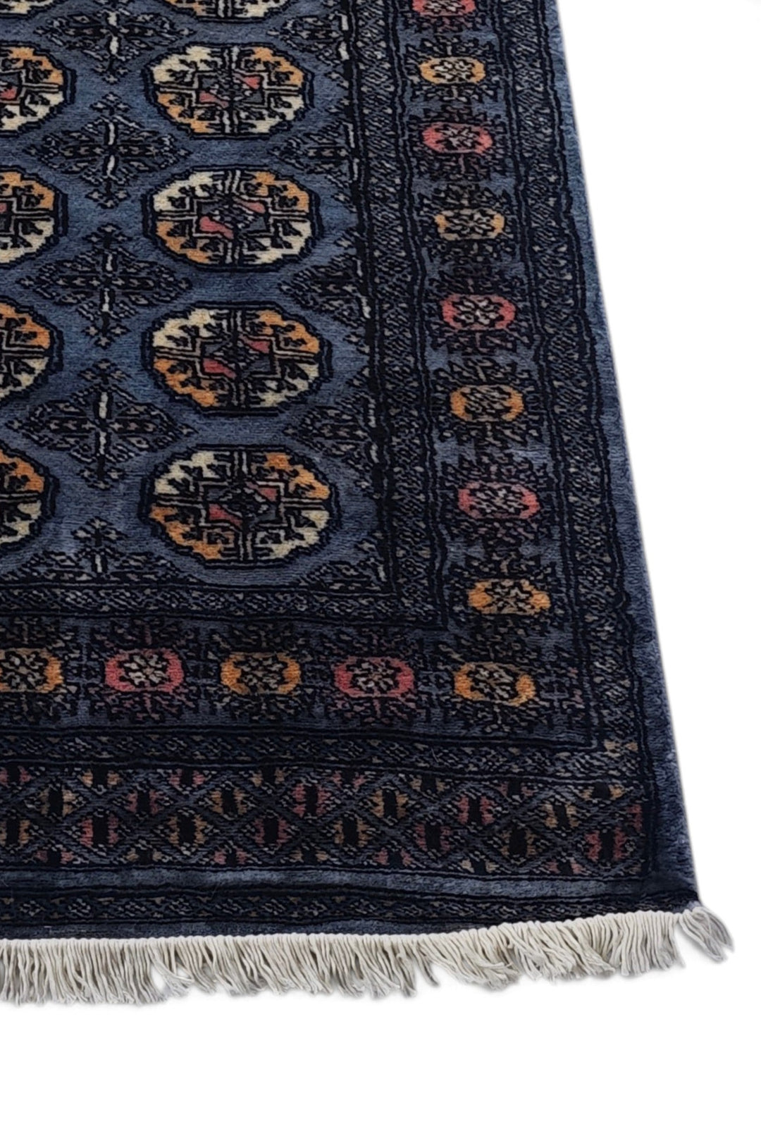 Slate Blue and Cream Turkmen Gül Bokhara, Hand-Knotted Wool Rug