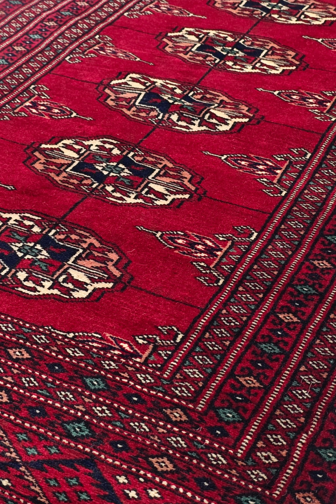 Wine Red and Cream Threaded Gül Bokhara, Hand-Knotted Wool Rug