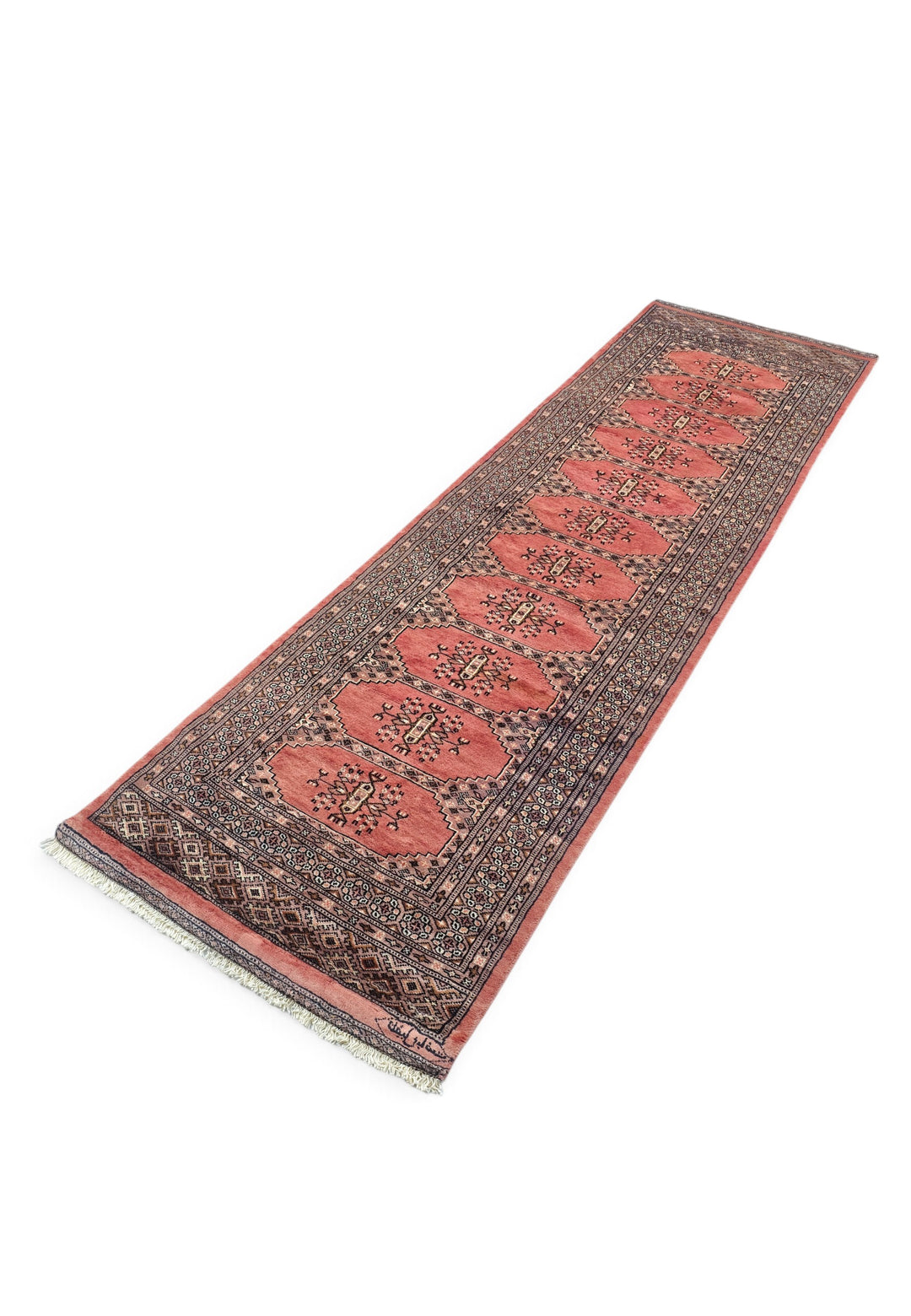 Salmon and Ivory Turkmen Gül Bokhara, Hand-Knotted Wool Rug