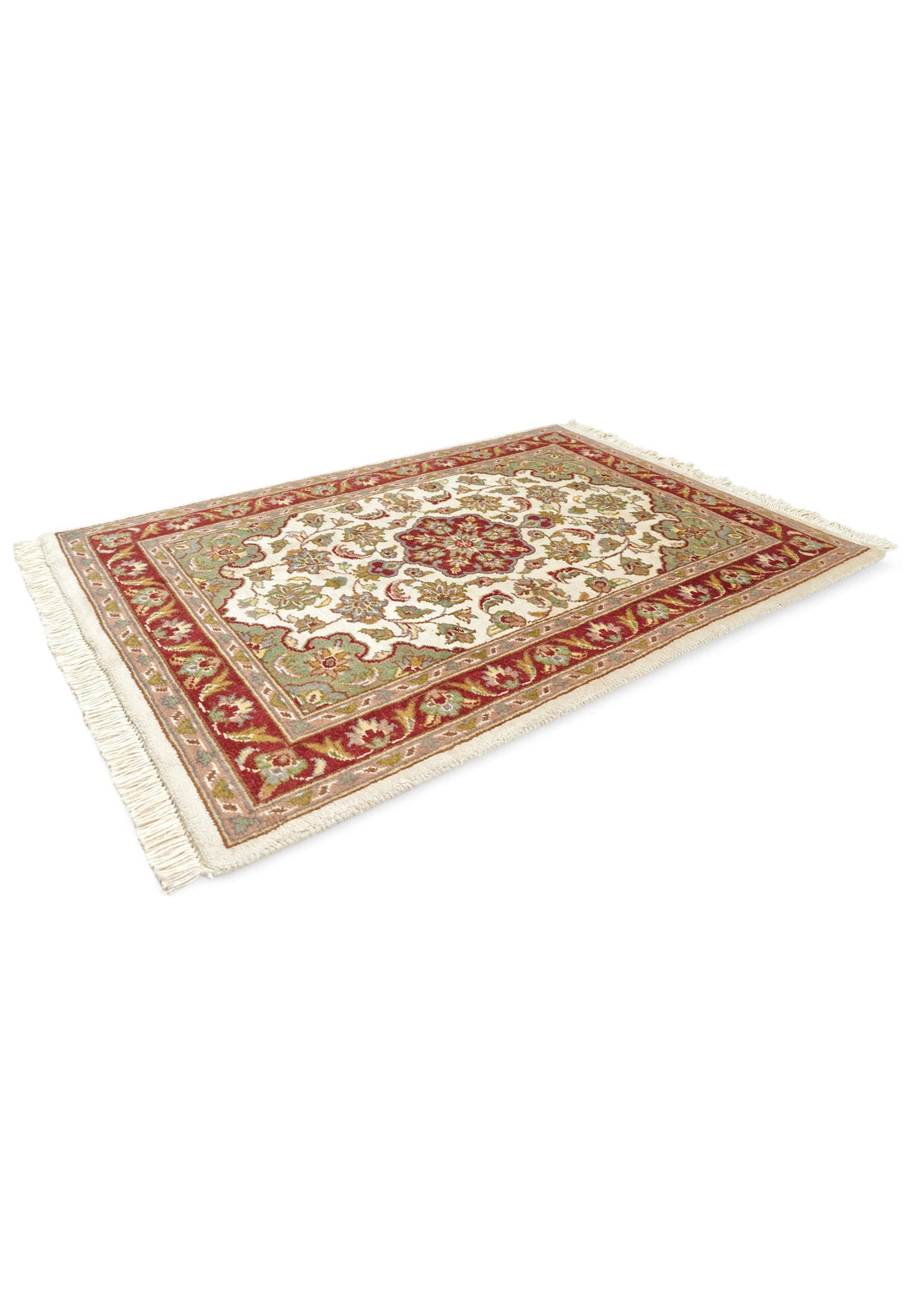 Ivory and Deep Red Medallion Tabriz, Hand-Knotted Wool and Silk Rug