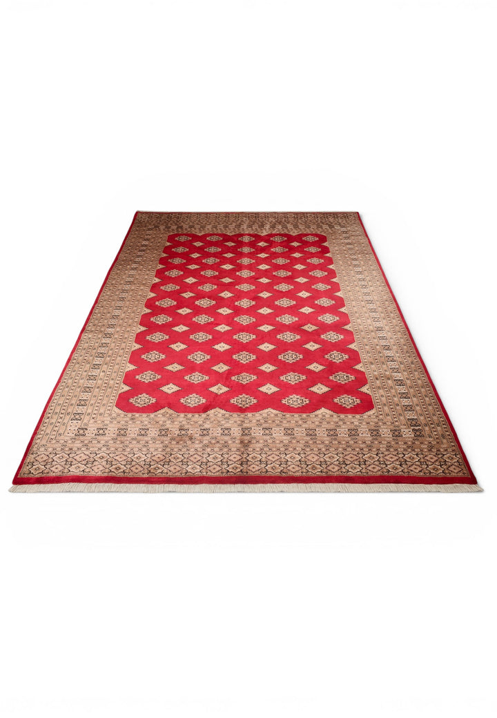 Brick Red &amp; Cream Diamond Jaldar Rug, Hand-Knotted Pakistani Wool &amp; Silk
