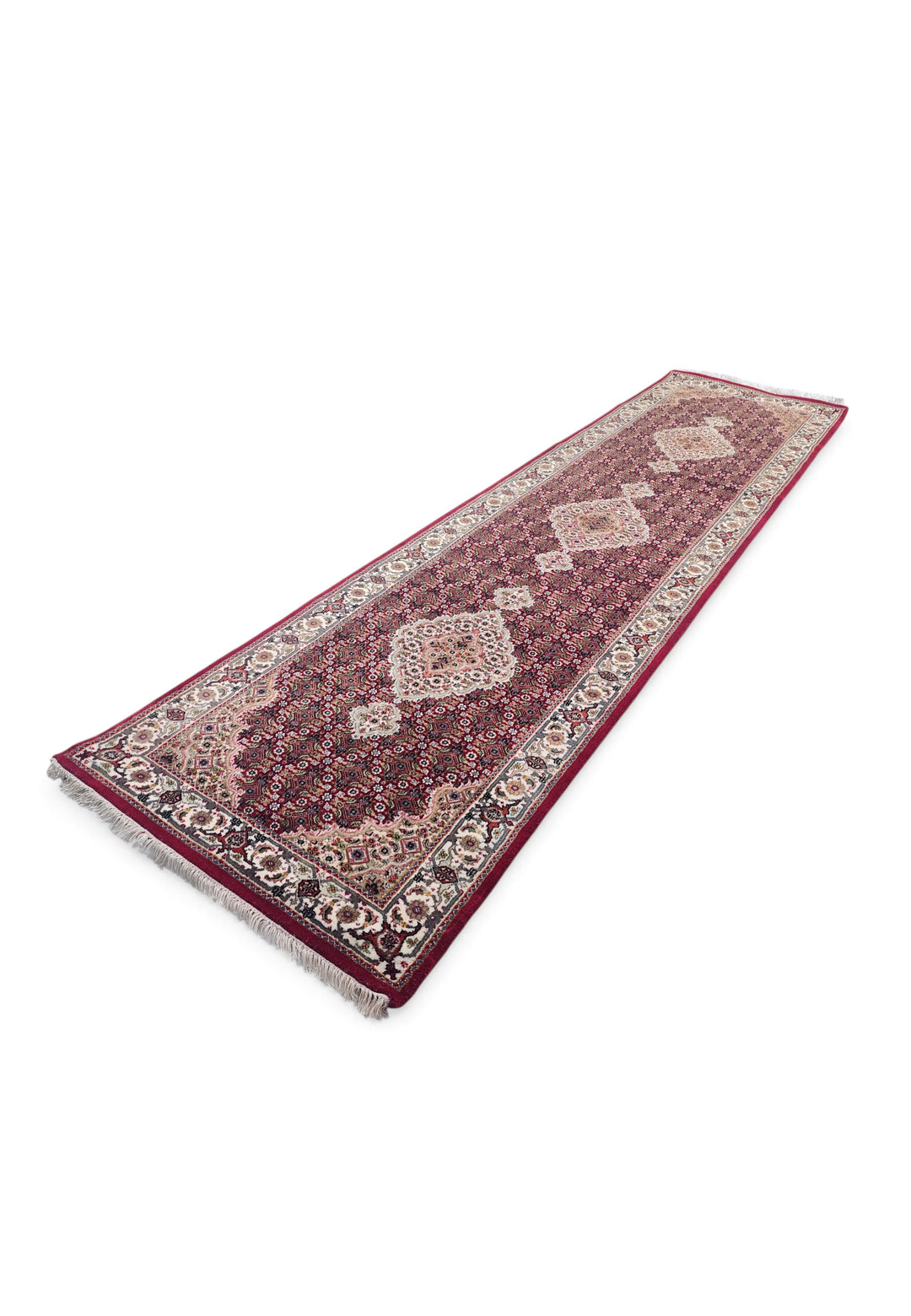 Deep Red and Ivory Mahi Medallion Tabriz, Hand-Knotted Wool Rug