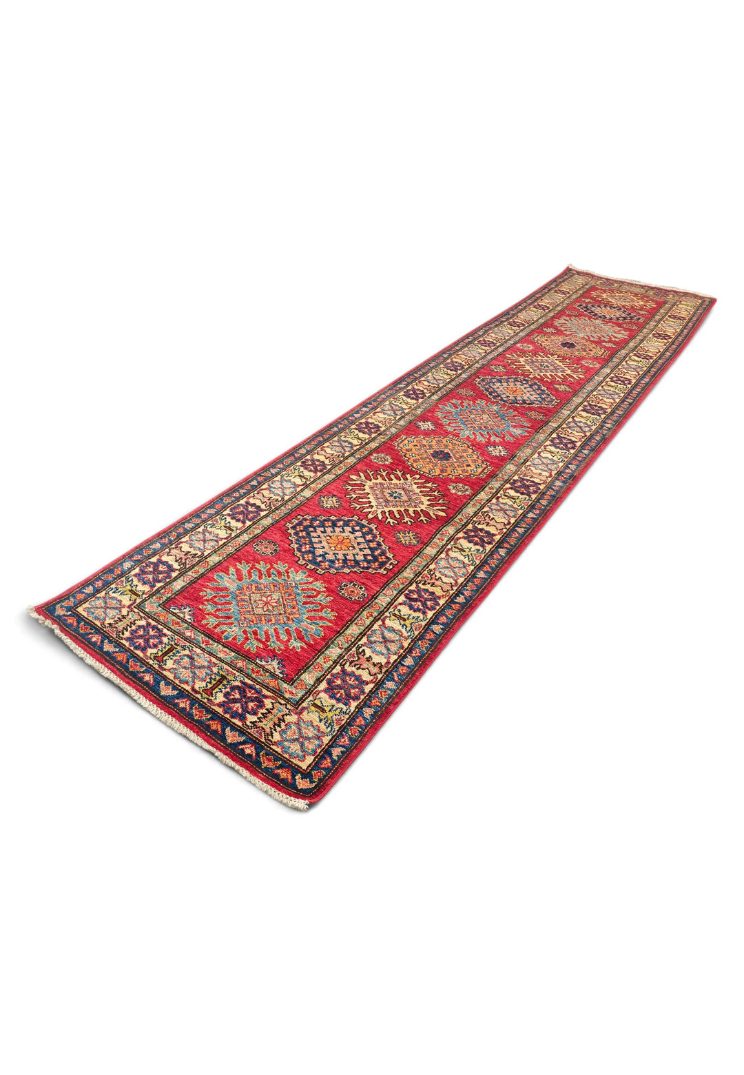 Cherry Red and Cream Starburst Medallion Kazak, Hand-Knotted Wool Rug