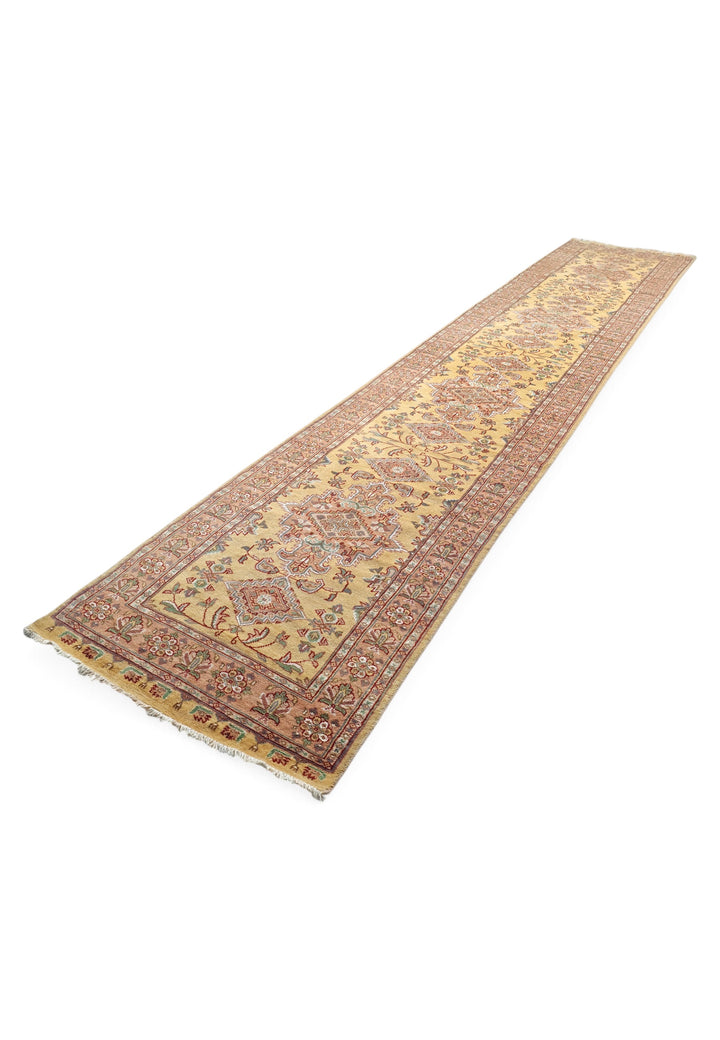 Wheat Gold and Rose Jaldar Alternating Medallion, Hand-Knotted Wool and Silk Rug
