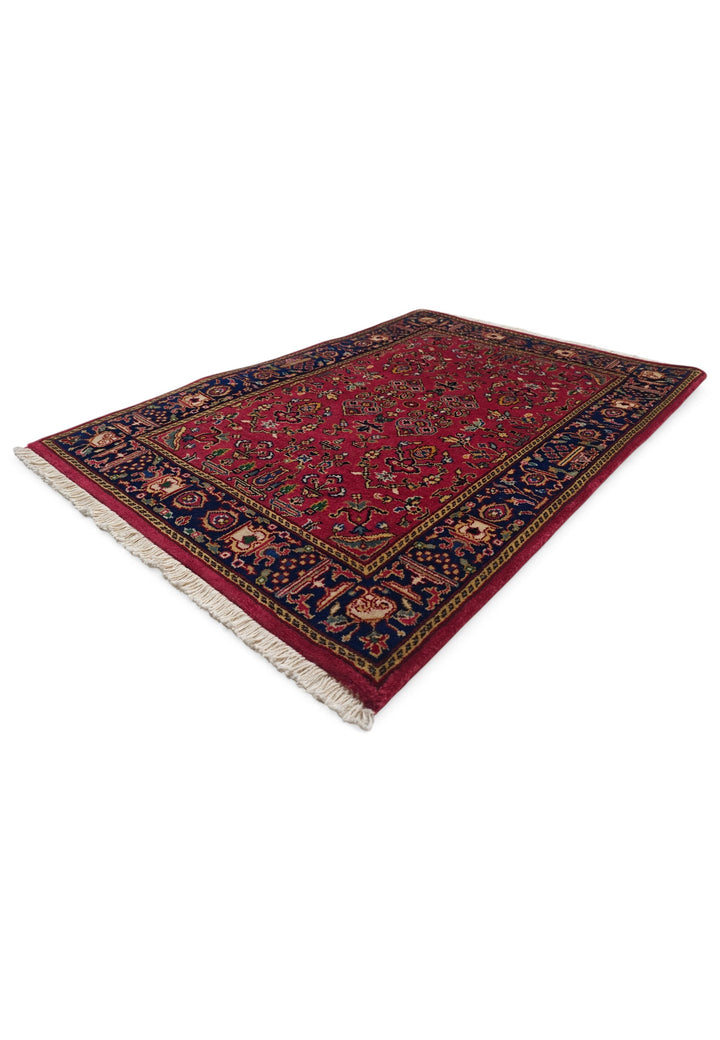 Madder Red and Indigo Sarouk Garden Floral, Hand-Knotted Wool Rug
