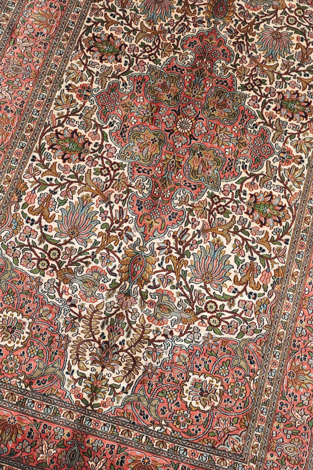 Ivory and Rose Lotus Palmette Medallion, Hand-Knotted Silk Rug